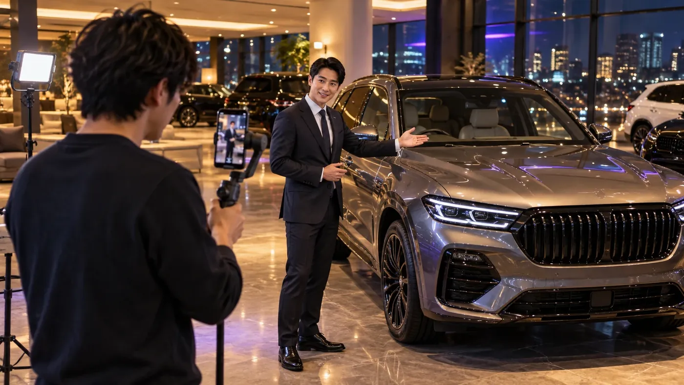 車の販売店でTikTok動画を撮影している様子