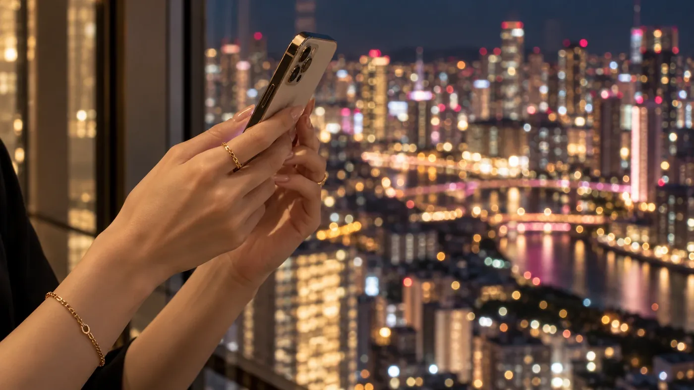 夜景を背景にスマホを持つ女性の手元